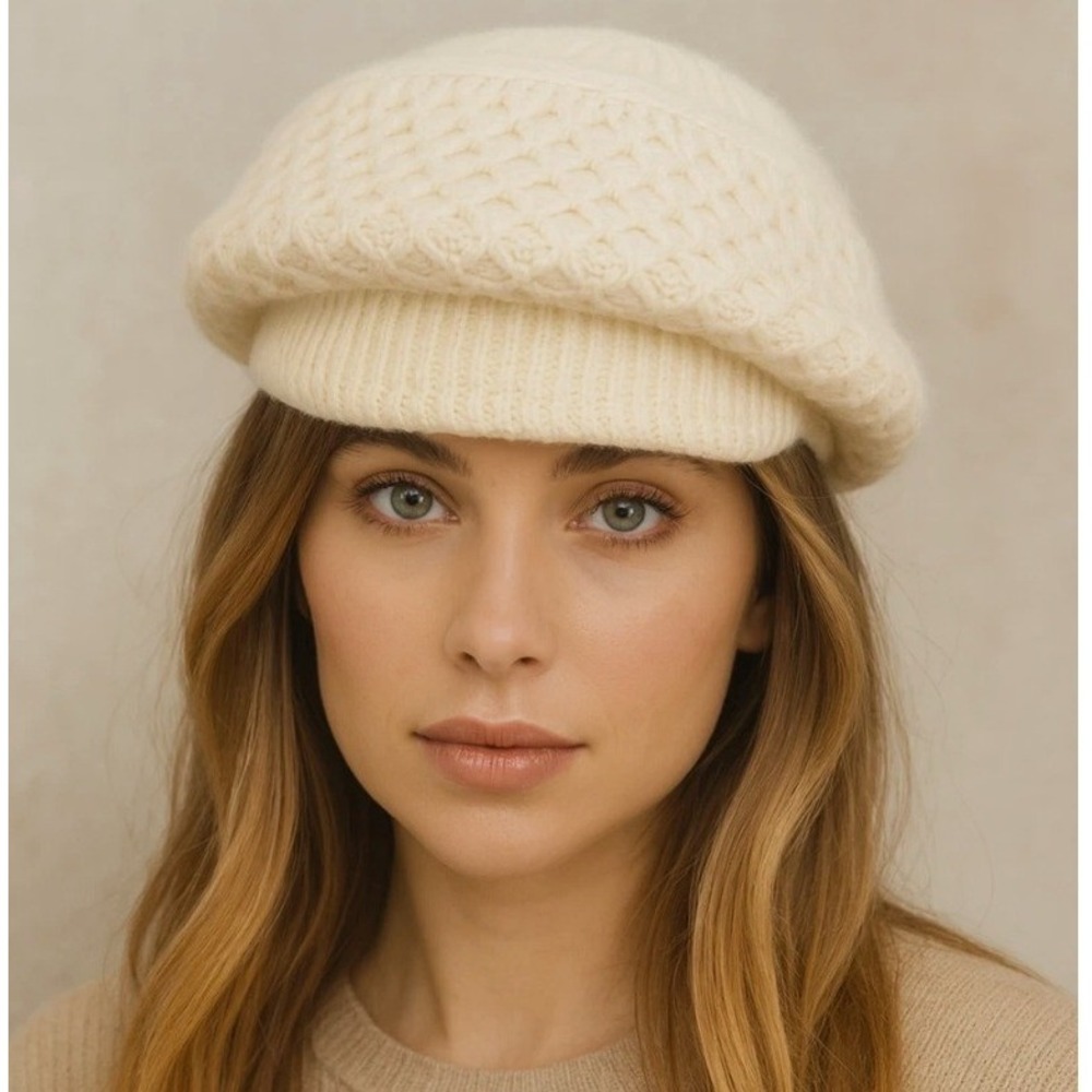 Adora Hat Women OS Cream Angora Rabbit Hair Wool Blend Knit BOHO Luxe Beret Y2K